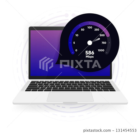 Internet download and upload speed test gauge. Internet speed test software and network performance information. Internet connection speed test. Modern design for software. Vector illustration. 131454553
