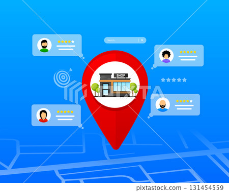 Marketing Research. Rating site, online shopping and user feedback. Product review. Concept for online reviews, store evaluation, business ratings, and map based shop listings. Vector illustration. 131454559