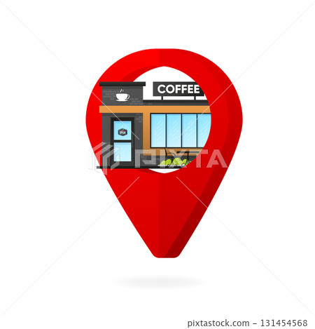 Cafe building, location icon 3D. Location with a delicious coffee. Coffee with pin location concept. Vector illustration. 131454568