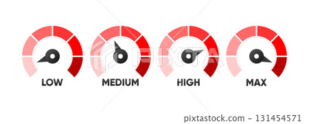 Speedometer icon. Low, medium, high and max speed. Fast internet concept. Rating meter performance concept. Indicator icon collection. Vector illustration. Speedometer icon. Low, medium, high and max speed. Fast internet concept. Rating meter performance concept. Indicator icon collection. Vector illustration. 131454571