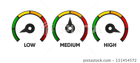 Speedometer icon. Low, medium and high speed. Fast internet concept. Rating meter performance concept. Indicator icon collection. Vector illustration. Speedometer icon. Low, medium and high speed. Fast internet concept. Rating meter performance concept. Indicator icon collection. Vector illustration. 131454572