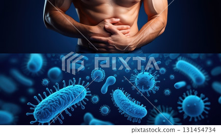 Man suffering from abdominal pain caused by virus and bacteria infection 131454734