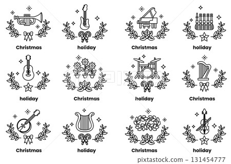 Set of illustrations in the concept of musical instruments and Christmas holidays in line art style 131454777