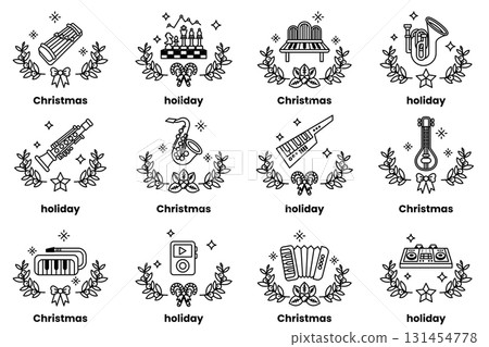 Set of illustrations in the concept of musical instruments and Christmas holidays in line art style 131454778