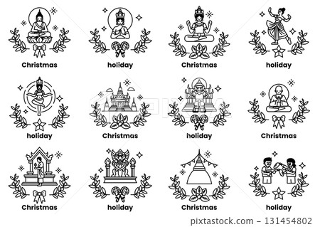 Set of illustrations in the concept of Asian culture and Christmas holidays in line art style 131454802