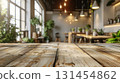 Light cafe mock up, whtie wooden table close up in the front, blurred bokeh interior background in the back. 131454862