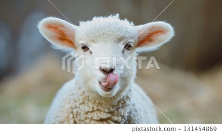 Funny young sheep or lamb close up banner, showing her tongue blurred farm background 131454869