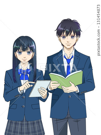 動漫風格的插圖,描繪了高中或初中男女學生拿著平板電腦和書籍,白色背景 動漫風格的插圖,描繪了高中或初中男女學生拿著平板電腦和書籍,白色背景 131454873