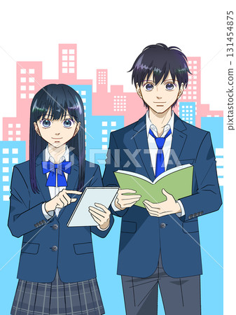 動漫風格的插圖，描繪了高中或初中男女學生拿著平板電腦和書籍，城市景觀背景，白色背景 131454875