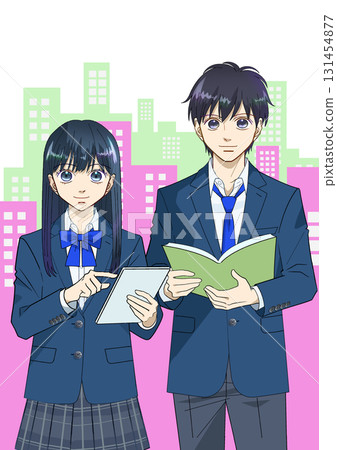 動漫風格的插圖,描繪了高中或初中男女學生拿著平板電腦和書籍,城市景觀背景,白色背景 動漫風格的插圖,描繪了高中或初中男女學生拿著平板電腦和書籍,城市景觀背景,白色背景 131454877