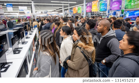 A crowded electronics store with people rushing to grab discounted TVs and laptops on Black Friday, bright sale banners above. Consumerism, sales, black friday. Online shopping. 131455257