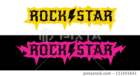 Rockstar Label Design Vector Bold Pink and Yellow Grunge Text with Lightning Bolts on Black and White Backgrounds, Ideal for Music, Fashion, and Branding. Rock star label ,print and sticker design 131455641