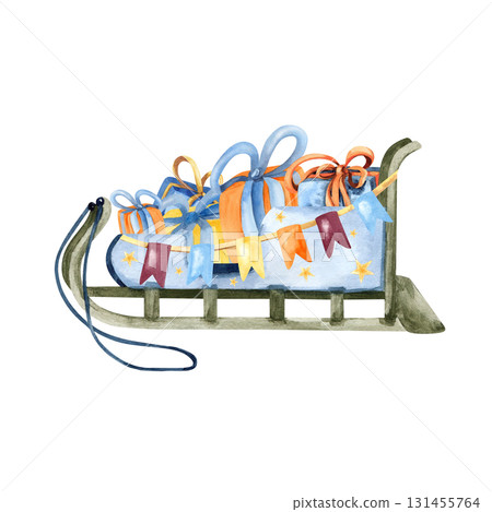 Christmas wooden sled with gift box. Watercolor winter sleigh, sledge, flag garland. Traditional vehicle of northern indigenous people. Isolated clip art. For card, children book design, new year 131455764