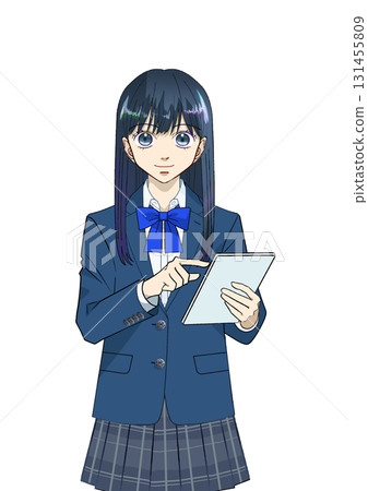 Anime-style illustration of a female high school or junior high school student using a tablet, white background Anime-style illustration of a female high school or junior high school student using a tablet, white background 131455809