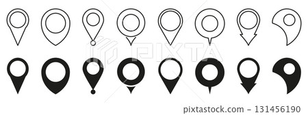 Map Location Pin Icon Set. Navigation And Geolocation Marker Outline And Solid Symbol Collection. Gps Positioning And Mapping Design Elements. Isolated Vector Illustration 131456190