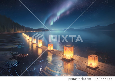 Game background: Beautiful night sky and river scenery at the Japanese Lantern Festival 131456457