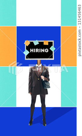Creative digital artwork. Hiring announcement with businesswoman body and hiring board as head 131456463