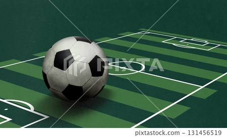 Surreal collage art. Oversized soccer ball on striped football field with green background Surreal collage art. Oversized soccer ball on striped football field with green background 131456519