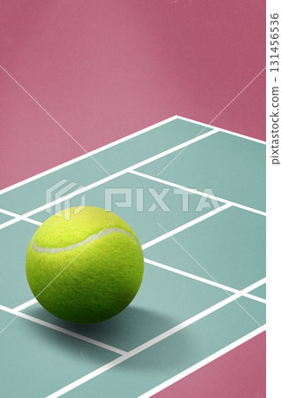 Trendy collage. Massive tennis ball on green marked court on pink background 131456536
