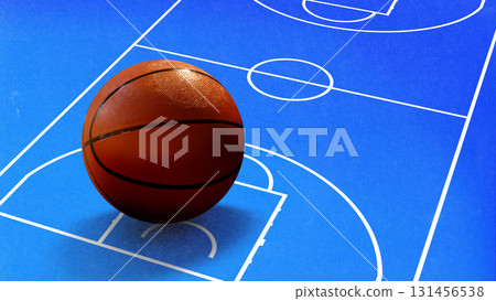 Minimalist digital collage. Large basketball on blue marked court 131456538