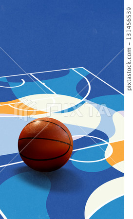 Creative digital artwork. Oversized basketball on colorful marked court 131456539