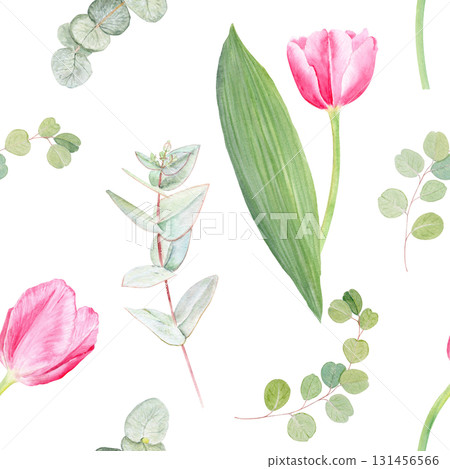 Pink tulips with eucalyptus leaves watercolor seamless pattern isolated on white background. Ideal for textile prints, gift wrapping, wallpapers, wedding stationery, and botanical surface design Pink tulips with eucalyptus leaves watercolor seamless pattern isolated on white background. Ideal for textile prints, gift wrapping, wallpapers, wedding stationery, and botanical surface design 131456566