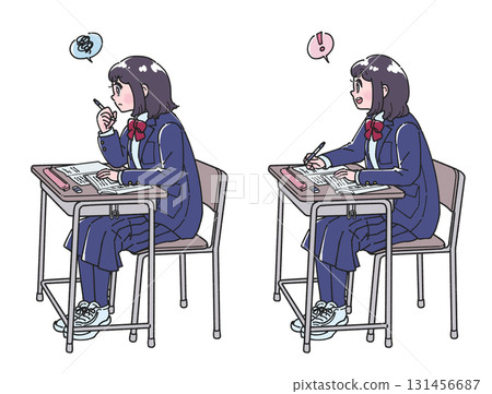 身穿制服的女學生在書桌前學習的全身插圖 - 了解版本和不了解版本 身穿制服的女學生在書桌前學習的全身插圖 - 了解版本和不了解版本 131456687