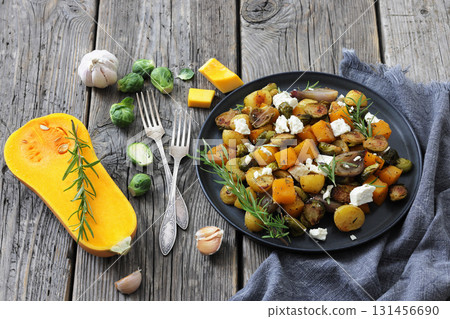 roasted autumn vegetable salad and feta cheese roasted autumn vegetable salad and feta cheese 131456690