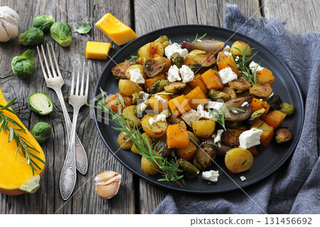 roasted autumn vegetable salad and feta cheese roasted autumn vegetable salad and feta cheese 131456692