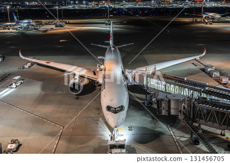 Haneda Airport at night, parked airplane, Ota Ward, Tokyo 131456705