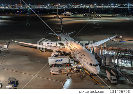 Haneda Airport at night, parked airplane, Ota Ward, Tokyo Haneda Airport at night, parked airplane, Ota Ward, Tokyo 131456708