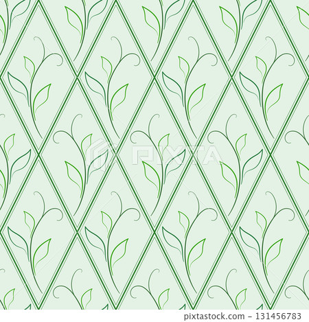 Green seamless pattern of silhouettes leaves and rhombic lattice. Soft green colors. Delicate spring vintage background. Young curved shoots of leaves 131456783