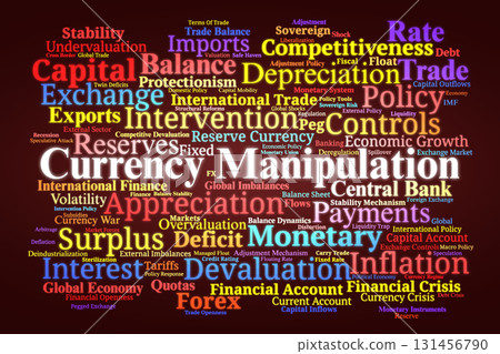 Currency Manipulation Word Cloud. Key Concepts On Exchange Rates, Monetary Policy, Global Trade, Deficits, Surpluses, And International Financial Stability. 131456790
