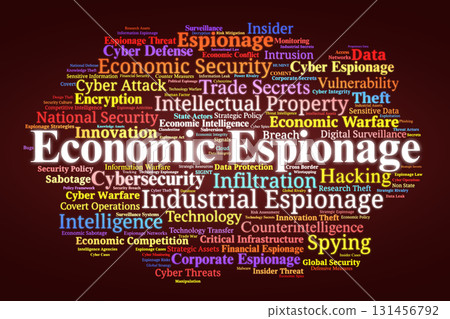Economic Espionage Word Cloud. Key Concepts On Trade Secrets, Cybersecurity, Intellectual Property, Industrial Espionage, And National Security Threats. 131456792
