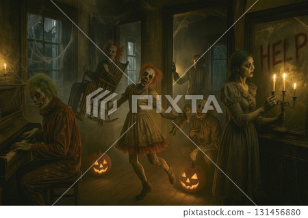 clowns haunting halloween room, generative AI 131456880