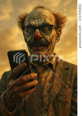 clown with tie using phone, generative AI 131456882