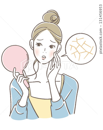 Woman looking into a hand mirror 131456953