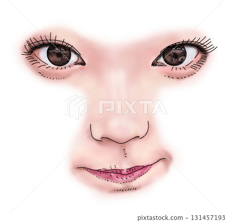 Pen drawing illustration of a woman with her mouth closed 131457193