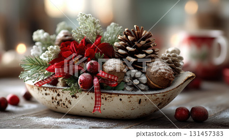Christmas cornucopia concept. Festive Christmas centerpiece with pinecones, red berries, and poinsettia in rustic bowl, creating cozy holiday atmosphere 131457383