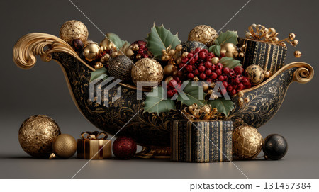 Christmas cornucopia concept. Elegant decorative bowl filled with gold and red ornaments, holly leaves, and berries, surrounded by wrapped gifts 131457384