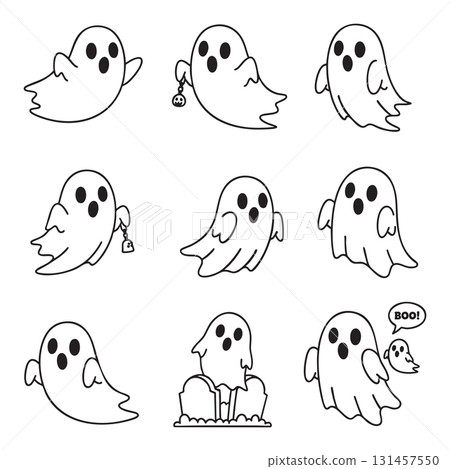 Adorable set of cartoon ghosts with classic sheet and three-hole eyes, perfect for cute Halloween designs and clip art. 131457550