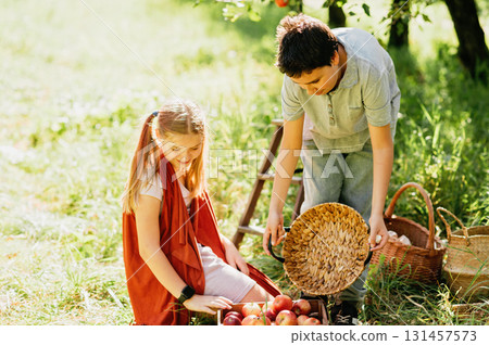 Children picking ripe apples from a tree in sunny orchard, holding a basket during harvest season, symbolizing organic farming, healthy lifestyle, natural food, countryside traditions, 131457573
