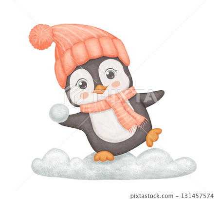 Penguin in red hat and scarf playing snowballs. Cute animal isolated on white background. Childish watercolor winter illustration. 131457574