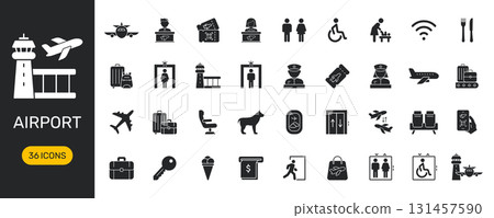 Airport And Travel Icon Set. Comprehensive Collection Silhouette Symbols For Aviation, Security, And Passenger Services. Includes Airplanes, Luggage, And Facilities. Isolated Vector Illustration 131457590