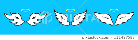 Angel Wings With Halo Pixelated Icon Set. Pixel Art Symbol Collection Of Feathered Angel Wings Representing Holiness, Ascension, And Divine Presence. Isolated Vector Illustration 131457592
