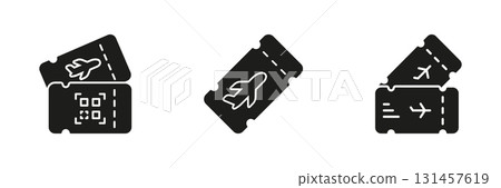 Airplane Ticket Solid Icon Set. Travel Booking, Flight Reservation, And Boarding Pass Silhouette Symbol Collection. Aviation And Tourism Concept. Isolated Vector Illustration 131457619