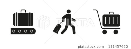Luggage And Travel Icons Solid Icon Set. Airport Baggage Handling, Traveler Movement, And Luggage Cart Silhouette Symbol Collection. Travel And Transportation Concepts. Isolated Vector Illustration 131457620