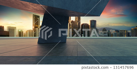 3d rendering perspective view of empty concrete balcony overlooking city skyline at sunset, 3d rendering 3d rendering perspective view of empty concrete balcony overlooking city skyline at sunset, 3d rendering 131457696