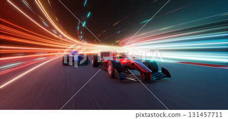 3d rendering racing cars speeding on futuristic track with light trails 131457711