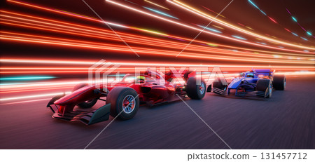 3d rendering two racing cars competing on futuristic track with light trails 3d rendering two racing cars competing on futuristic track with light trails 131457712
